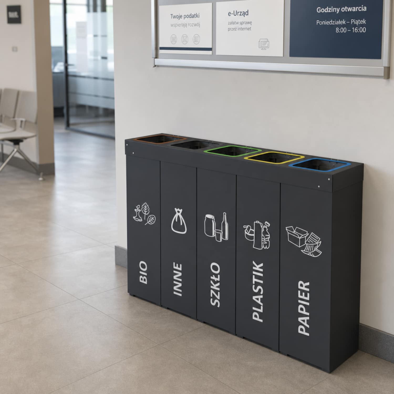 Kosz do segregacji odpad&oacute;w DENEB 5 x 70L w urzędzie &ndash; nowoczesny kosz do recyklingu do instytucji publicznych i budynk&oacute;w administracyjnych.